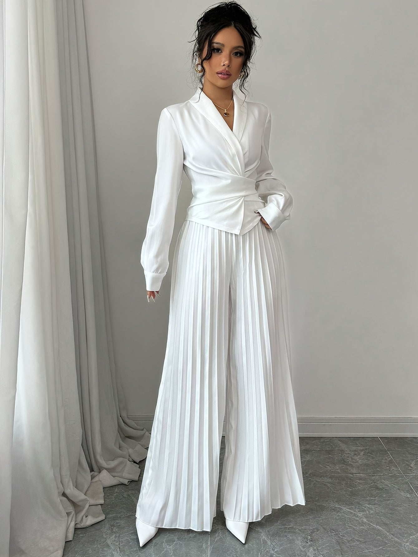 Elegant Women'S V-Neck Long Sleeve Top with Cross Twist Detail + Pleated Long Pants Set, Polyester 100%, Solid Color, Button Detail, Woven Fabric, Lightweight 50/100/120 g/m², Spring/Fall Collection