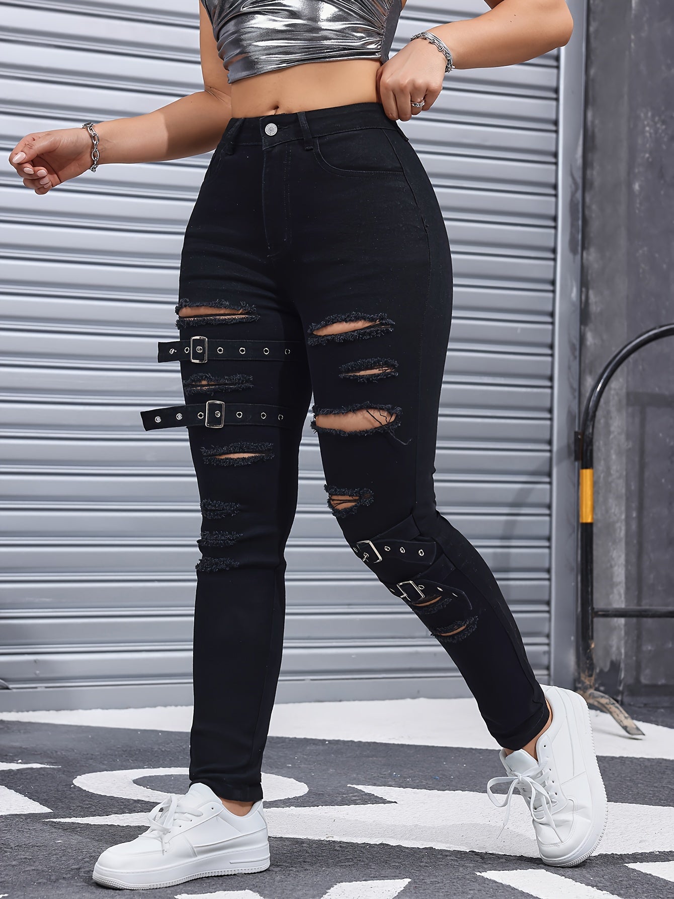 High-Waisted Distressed Denim Jeans For Women, Stretch Fabric Blend, Four-Season Fit, Fashionable And Trendy