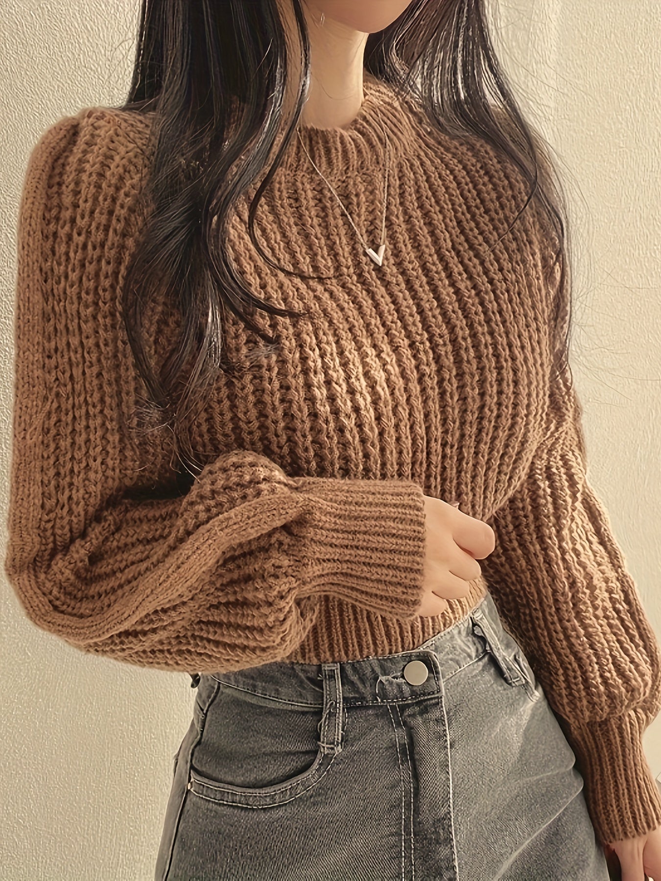 Cozy Crew Neck Crop Sweater - Women's Casual Long Sleeve Knitwear for Fall & Winter - Soft, Warm, and Comfortable Clothing for Everyday Wear