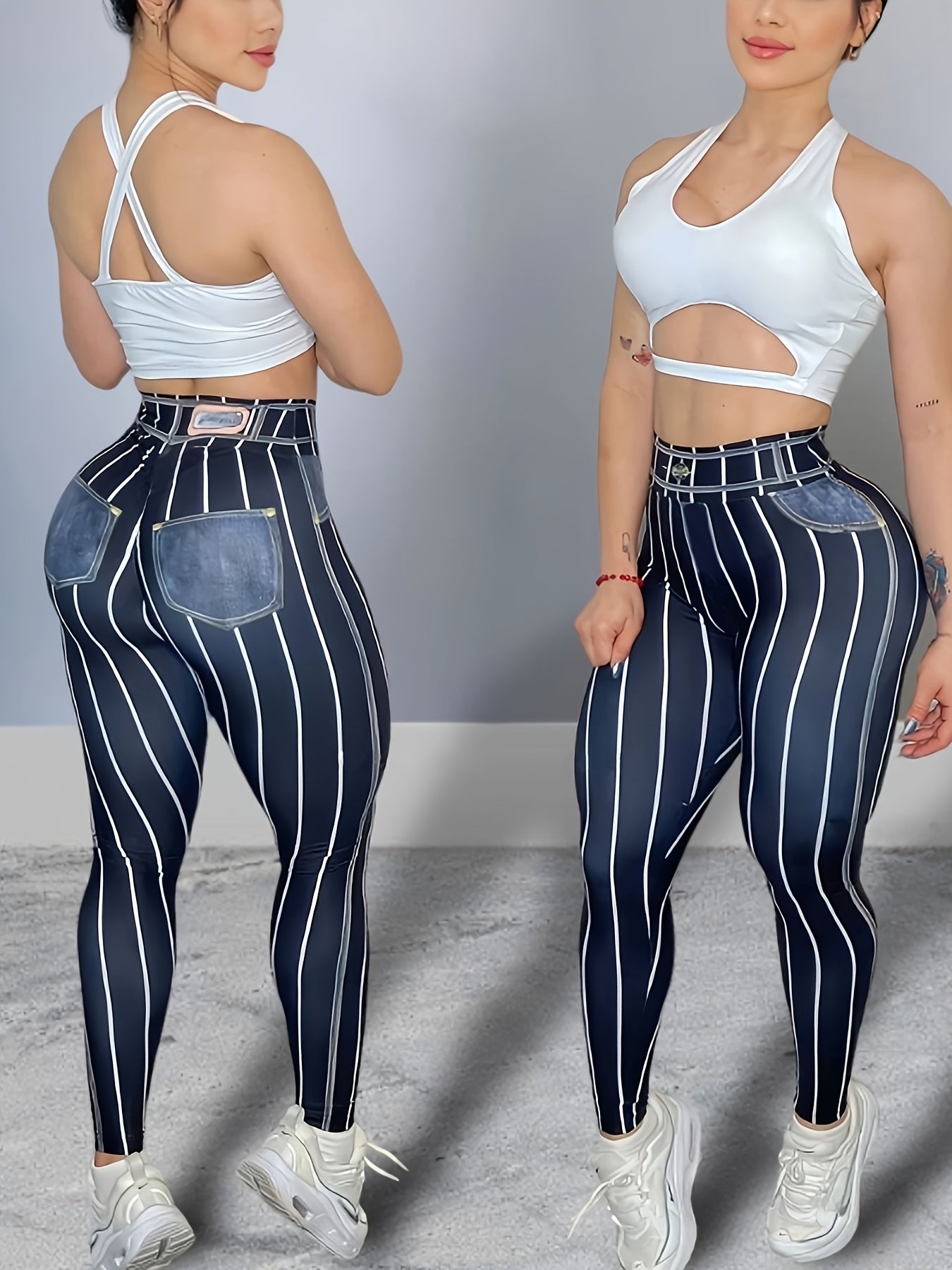 High-Waist Denim-Look Yoga Pants for Women - Sexy Fitness Leggings with Trendy Striped Design, Red & White Vertical Stripes, Stretchy Polyester Blend, Machine Washable, Perfect for Yoga, Running, and Gym Workouts, Athletic We
