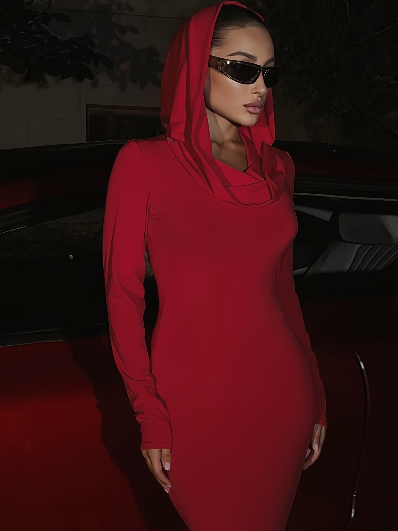 Solid Color Slim Hooded Dress, Sexy Long Sleeve Mermaid Hem Maxi Dress For Evening Party, Women's Clothing For Party Dressing