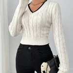 Women's Elegant V-Neck Cropped Long Sleeve Top – Color Block Knit Pullover, Medium Stretch, Machine Washable Spring/Fall Layering Piece