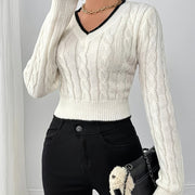 Women's Elegant V-Neck Cropped Long Sleeve Top – Color Block Knit Pullover, Medium Stretch, Machine Washable Spring/Fall Layering Piece