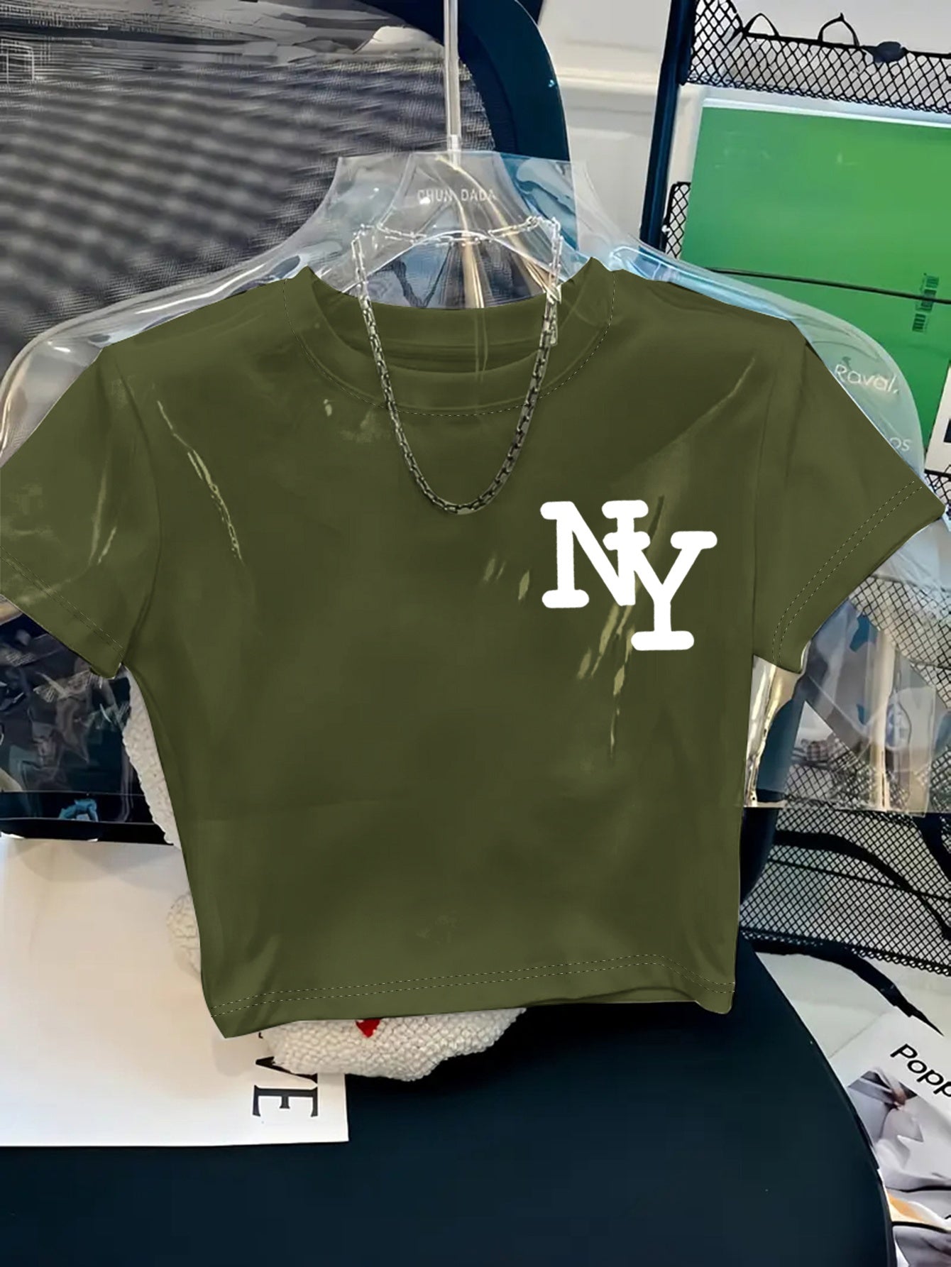 Women's Y2K Style NY Monogram Graphic T-Shirt - Soft Stretchy Polyester Blend, Oversized Cropped Fit, Machine Washable Spring/Summer Casual Top
