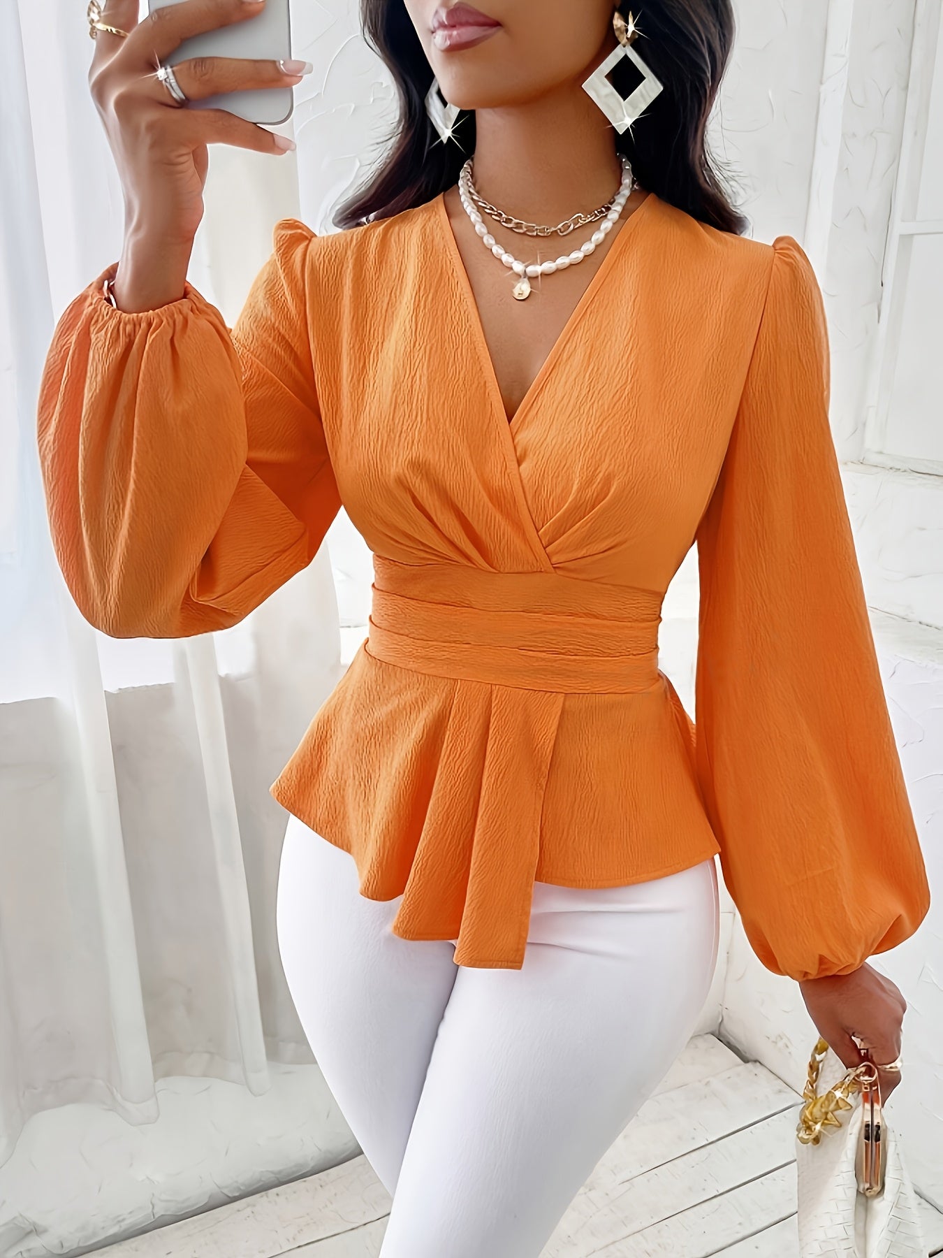 1pc Elegant V-Neck Long Sleeve Blouse for Women, 100% Polyester Asymmetrical Hem Shirred Top, Solid Color Lantern Sleeve Shirt, Woven Regular Length, Fashionable for Spring/Fall