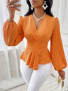 1pc Elegant V-Neck Long Sleeve Blouse for Women, 100% Polyester Asymmetrical Hem Shirred Top, Solid Color Lantern Sleeve Shirt, Woven Regular Length, Fashionable for Spring/Fall