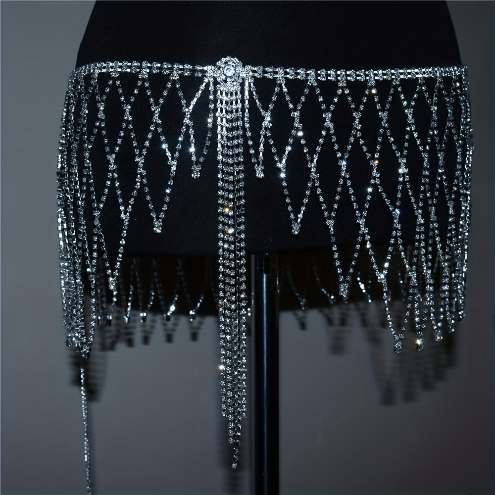 Sexy Hollow Out Rhinestone Tassel Skirt Chain Shiny Waist Chain Decoration Body Chain Jewelry