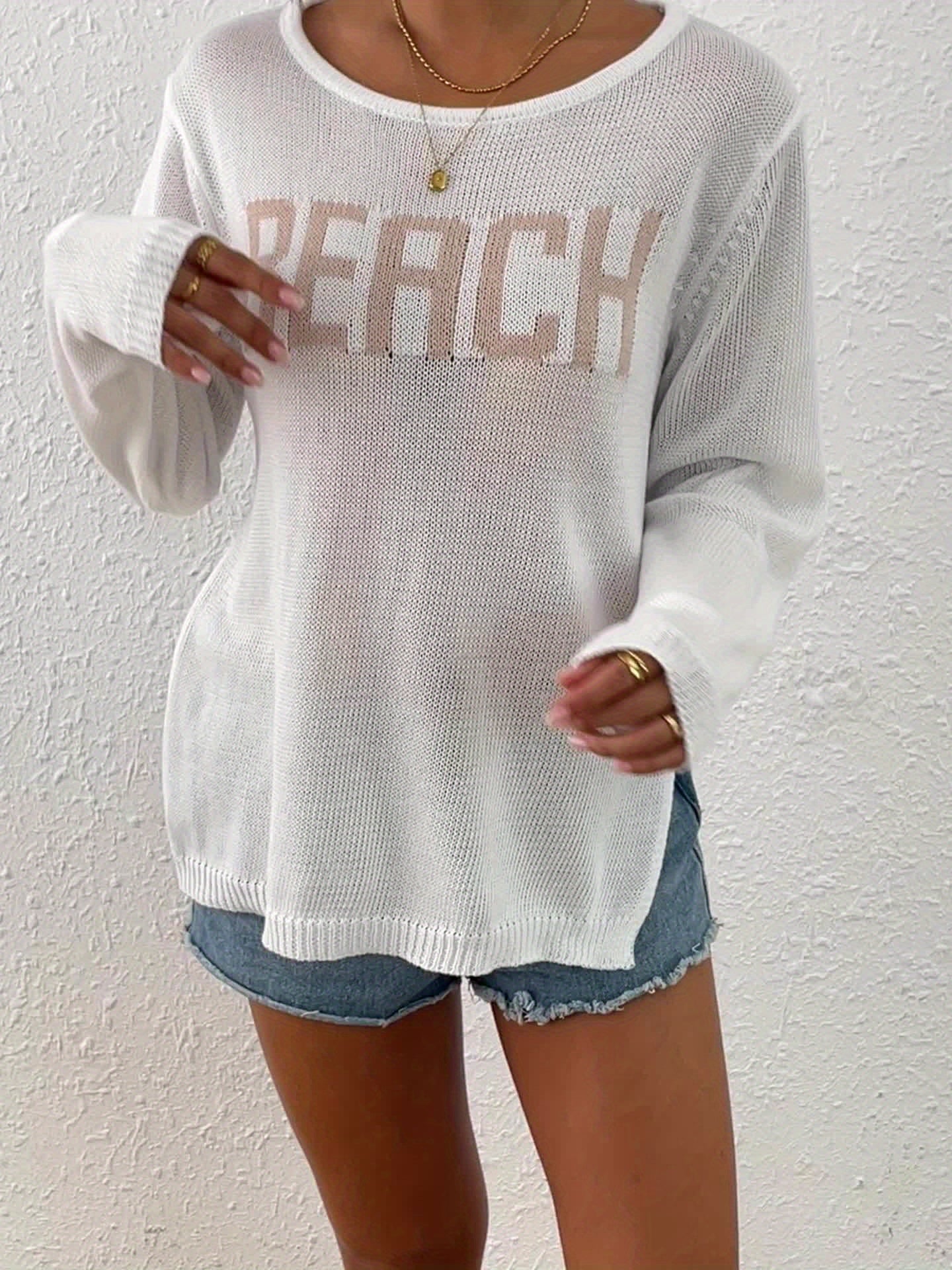 Women's Casual Crew Neck Pullover Sweater, 100% Polyester Knit Fabric, Solid Color, All-Season Comfort