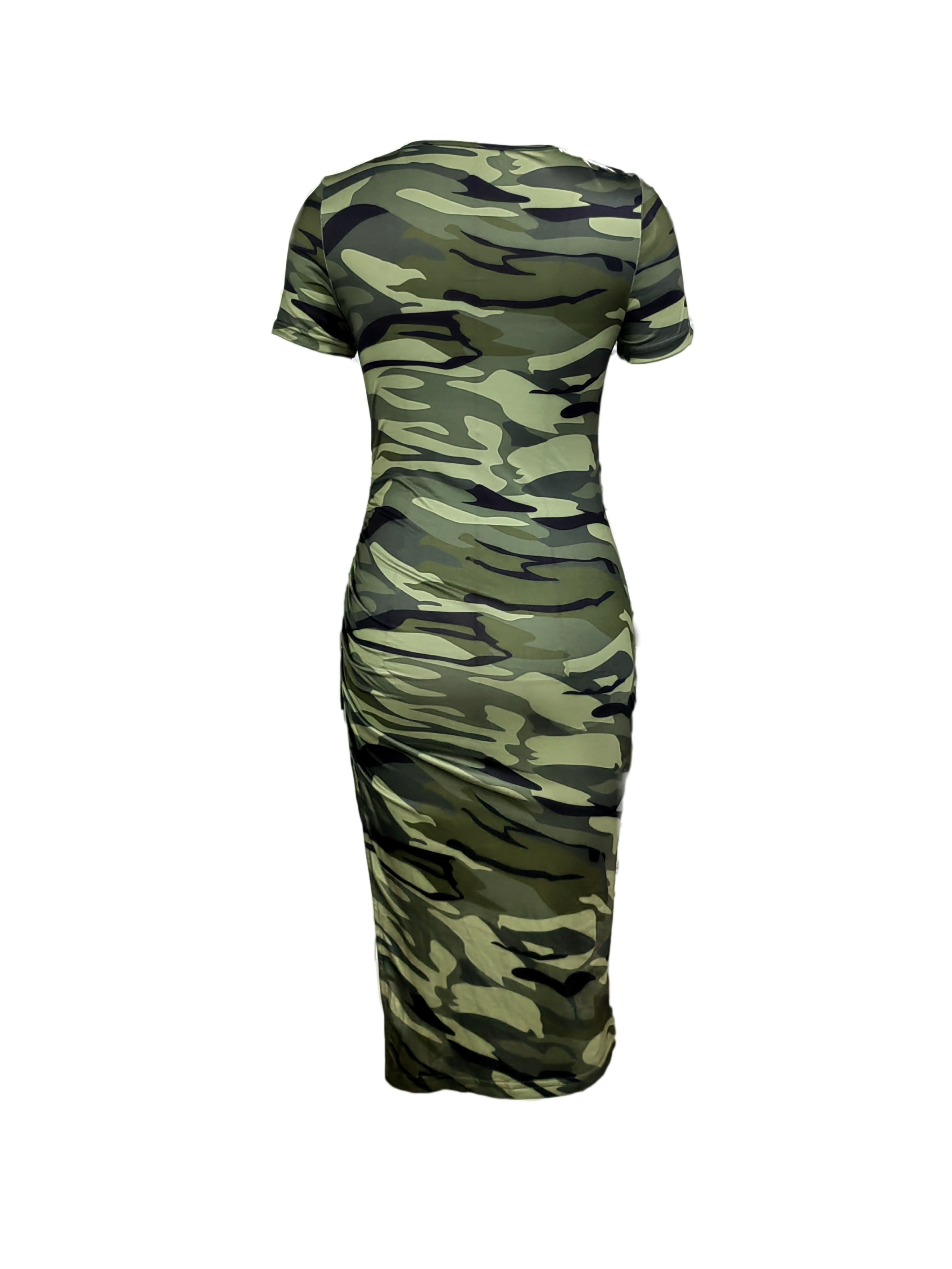 Sexy Camo Bodycon Dress - Crew Neck, Short Sleeve, Mid Elasticity, Polyester, Machine Washable, Random Printing, All-Season, Knit Fabric - Perfect for Spring & Summer, Young Womens Clothing