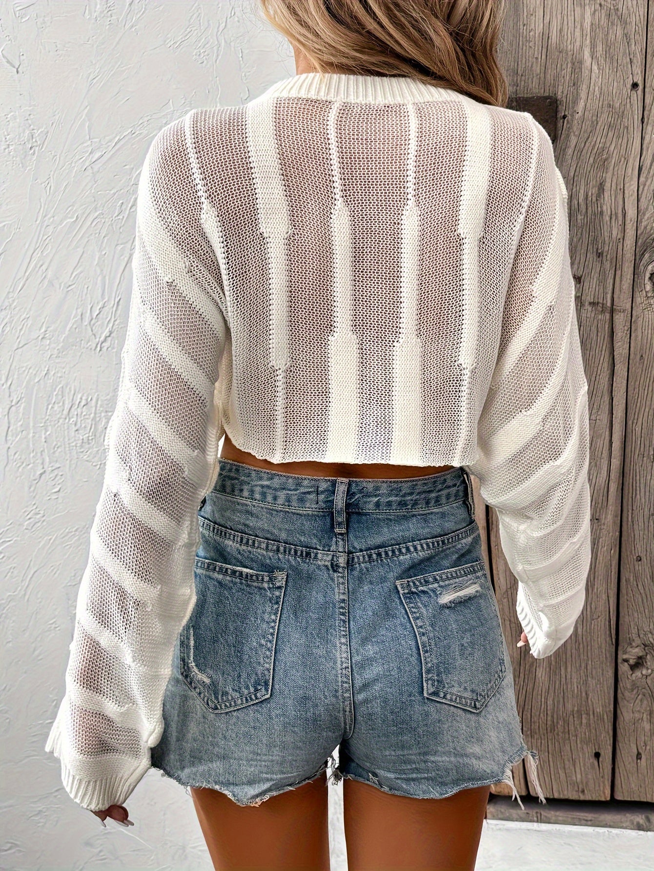Pointelle Knit Crop Sweater, Sexy Crew Neck Long Batwing Sleeve Cover Up Sweater, Women's Clothing