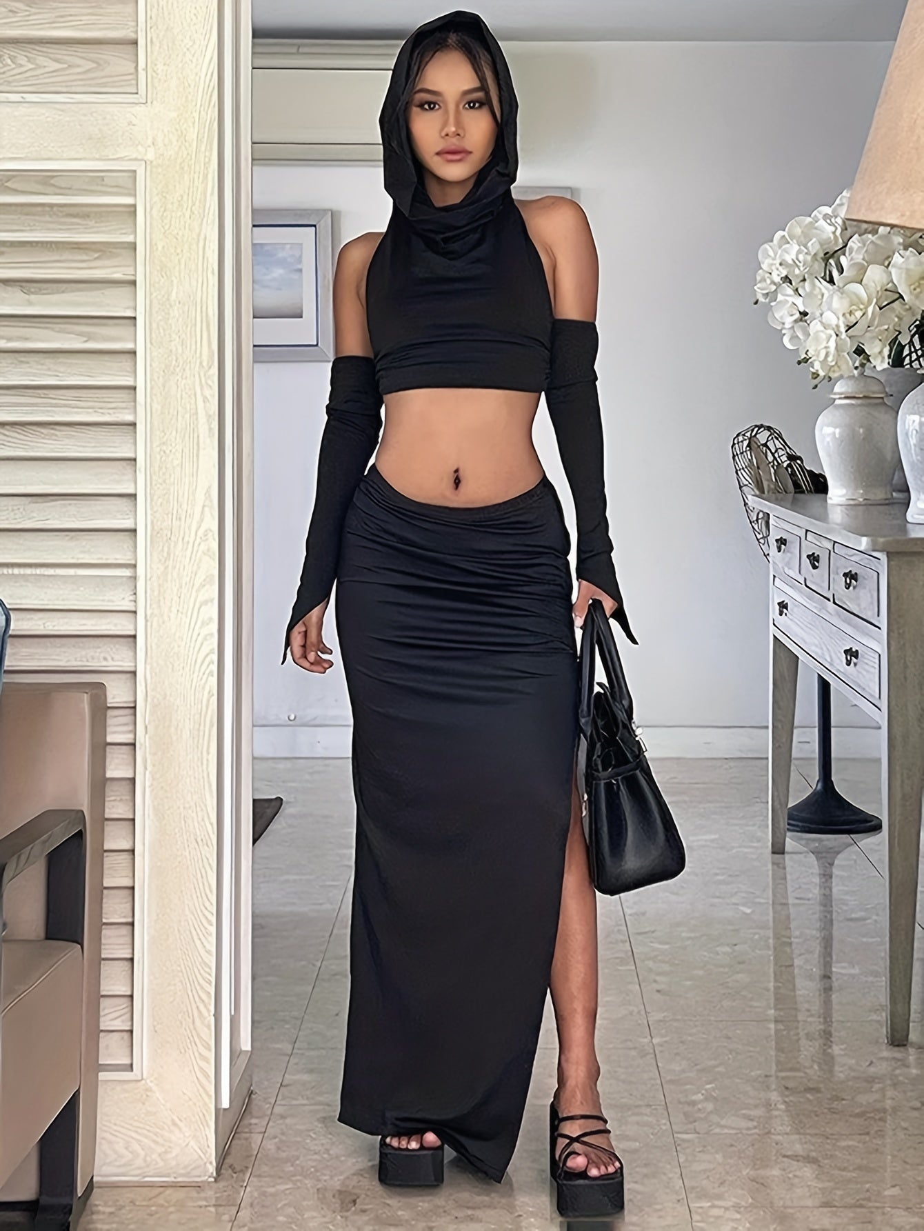 Two-Piece Stylish Solid Slim Set - Crop Backless Hooded Top with Adjustable Straps, Split Hem Skirt Outfit for Women, Chic Casual Wear for Daily Life, Party, or Outdoor Activities