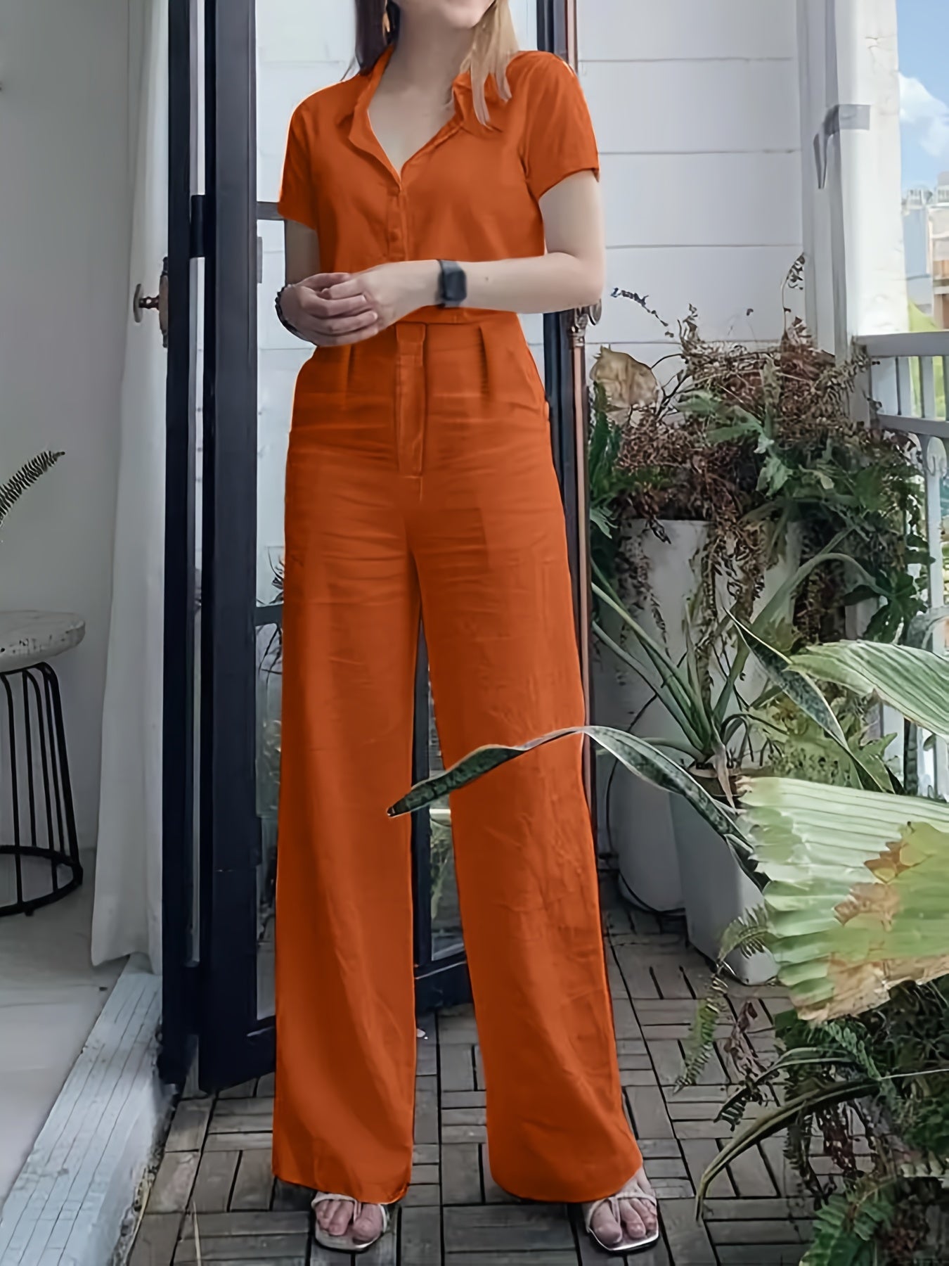 Women'S Solid Color Short Sleeve Shirt and Long Pants Elegant Two-Piece Set