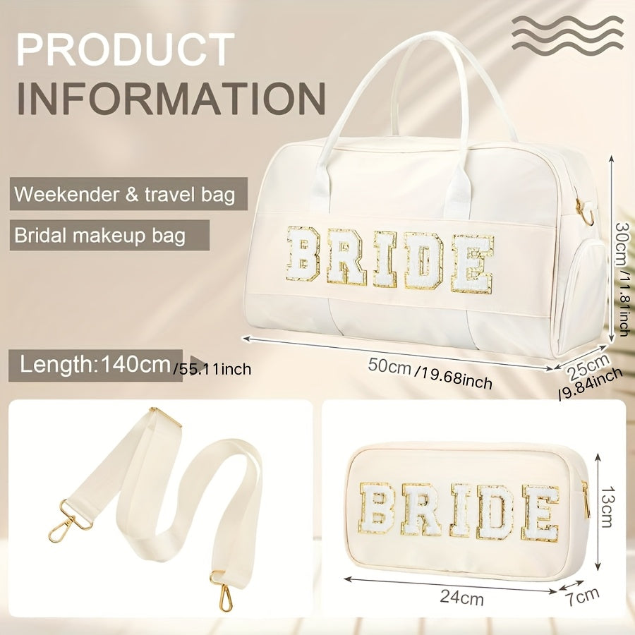 2pcs Wedding Weekender Bag Bride Groom Duffle Bag Chenille Letter Patch Travel Bag for Bridal Shower Honeymoon Gift(Bride)