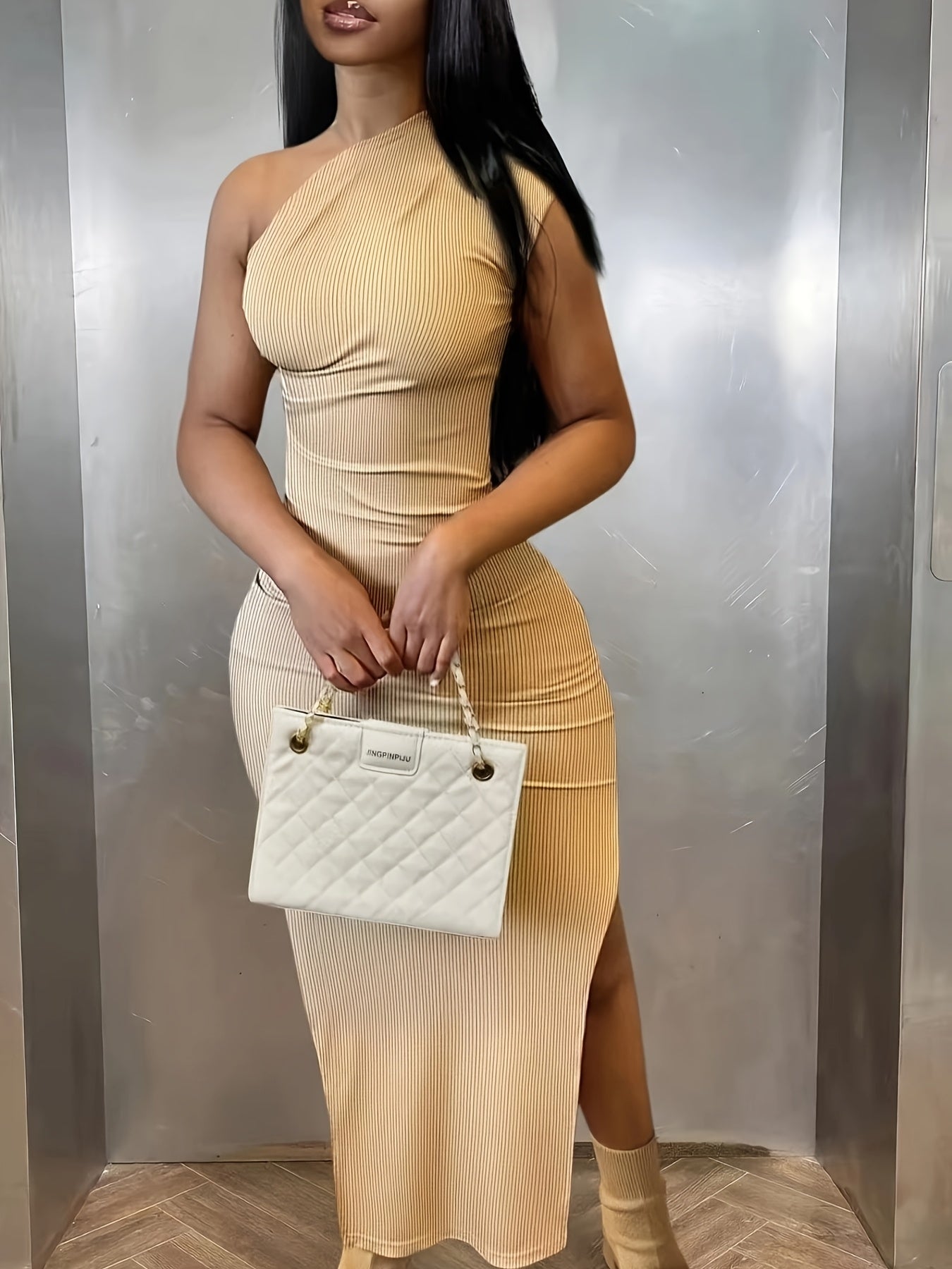 Elegant Off-Shoulder Split Hem Dress - Chic Beige Bodycon with Stretch, Machine Washable for Spring/Summer/Fall Events