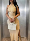Elegant Off-Shoulder Split Hem Dress - Chic Beige Bodycon with Stretch, Machine Washable for Spring/Summer/Fall Events