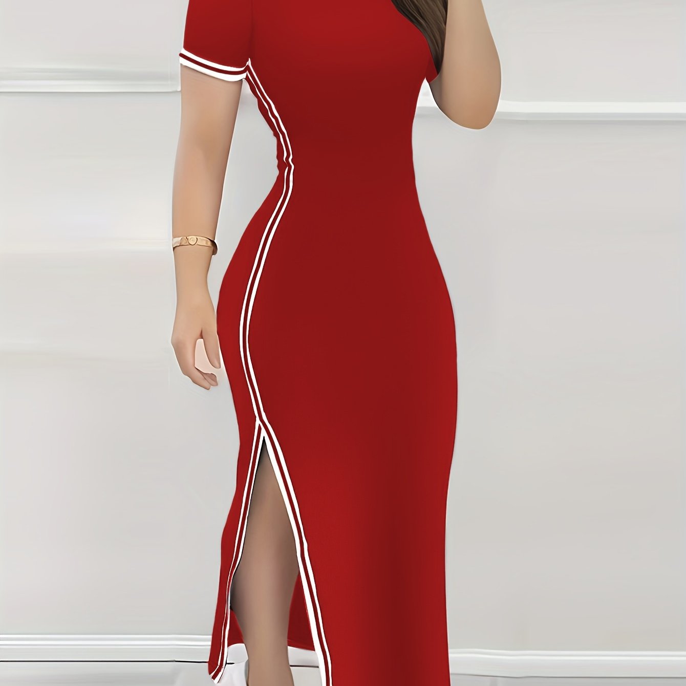 Women's Contrast Trim Split Hem Bodycon Dress - Elegant Crew Neck Short Sleeve Dress For Spring & Summer - For Women - Perfect for Parties & Casual Occasions - Stylish Gift for Fashionable Ladies