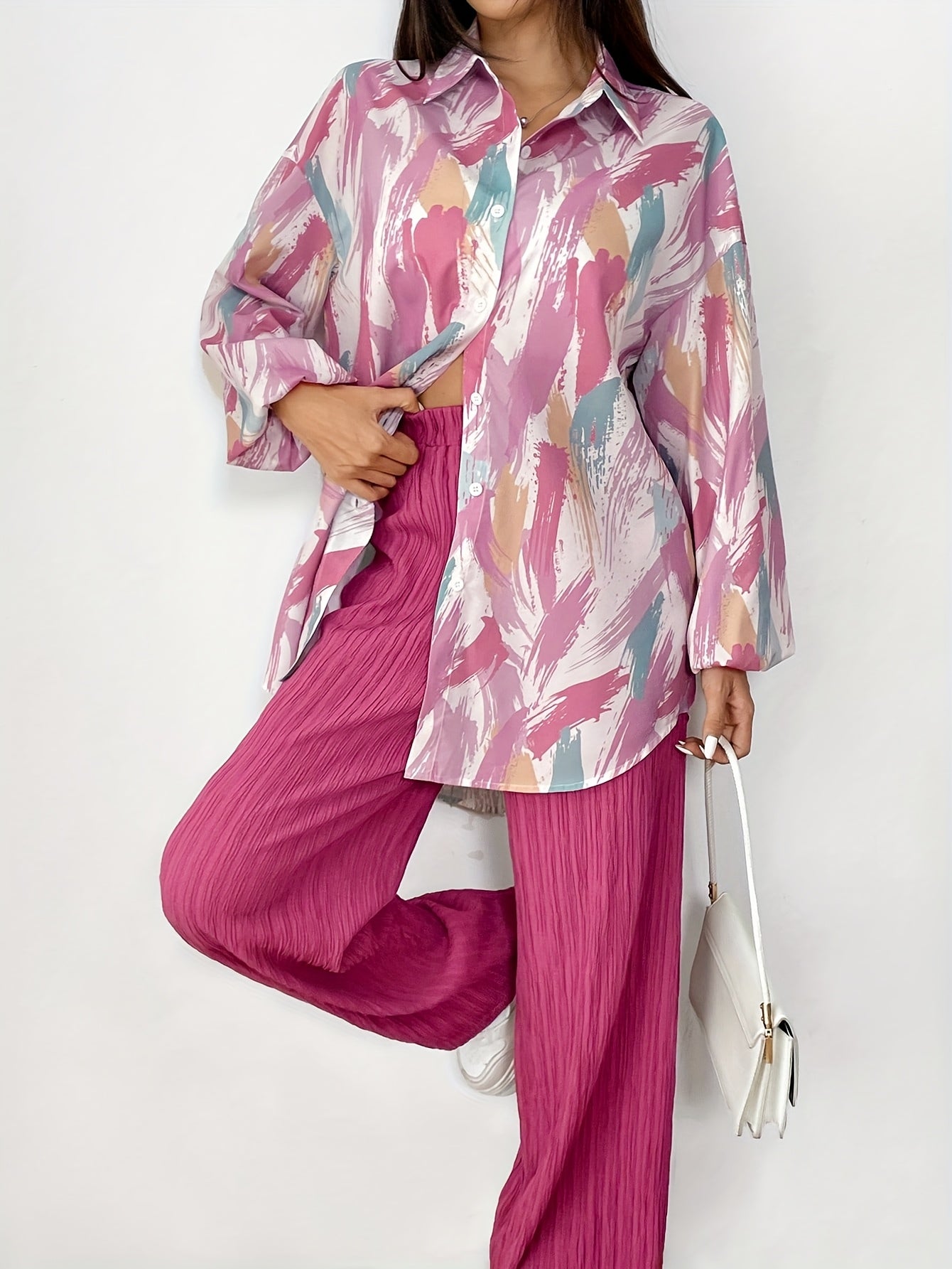 Women'S Casual Spring/Summer 2pcs Set - Floral Print Long Sleeve Blouse & Wide-Leg Pants, Button-Up Top with Pockets, White Sneakers, and White Handbag, Casual Attire|Floral Print Top|Buttonup Top