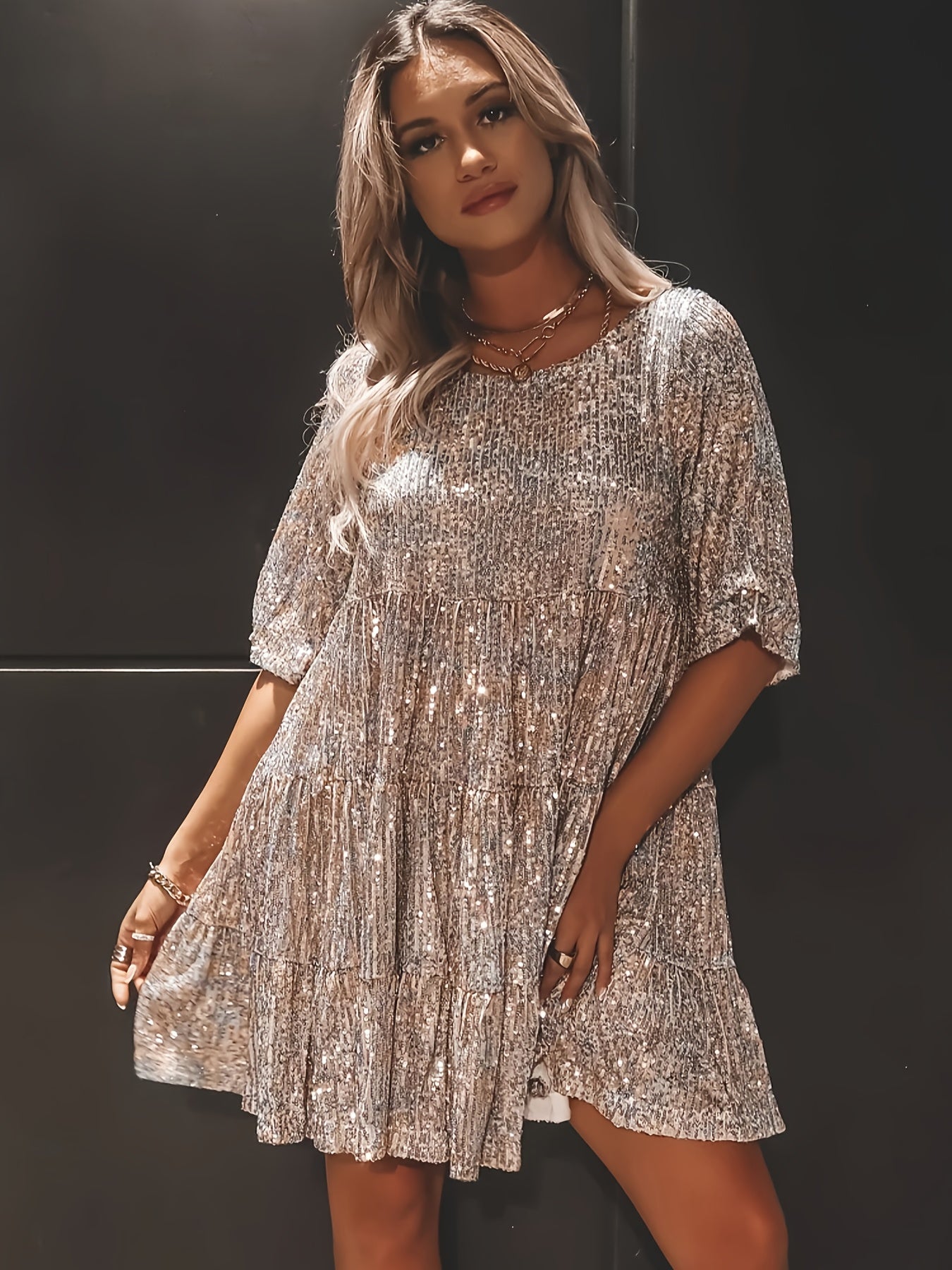 [2025] Spring And Summer Women'S Sequin Dress, Sparkling Swing Mini Dress, Short Glitter Dress, Party, Evening, Show, Club Dance Dress