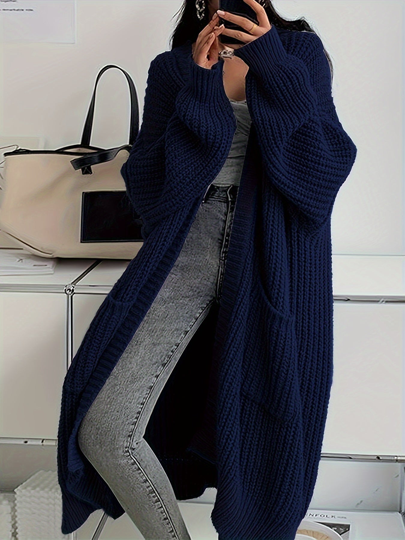 Women's Solid Color Open Front Knitted Cardigan, Long Sleeve, Spring/Fall Casual Wear