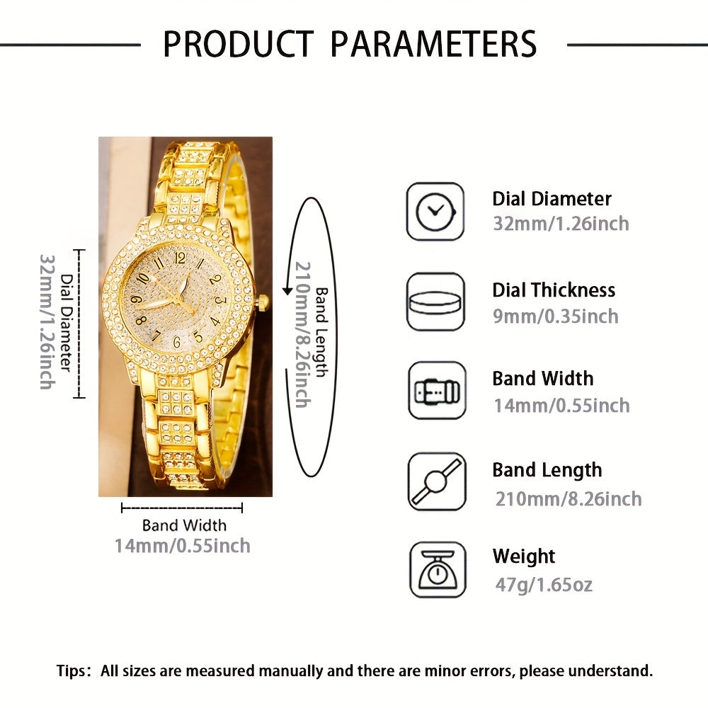 Elegant 6pcs Women's Fashion Quartz Watch Set with Rhinestone Necklace, Earrings, Ring & Bracelet - Shockproof Japanese Movement