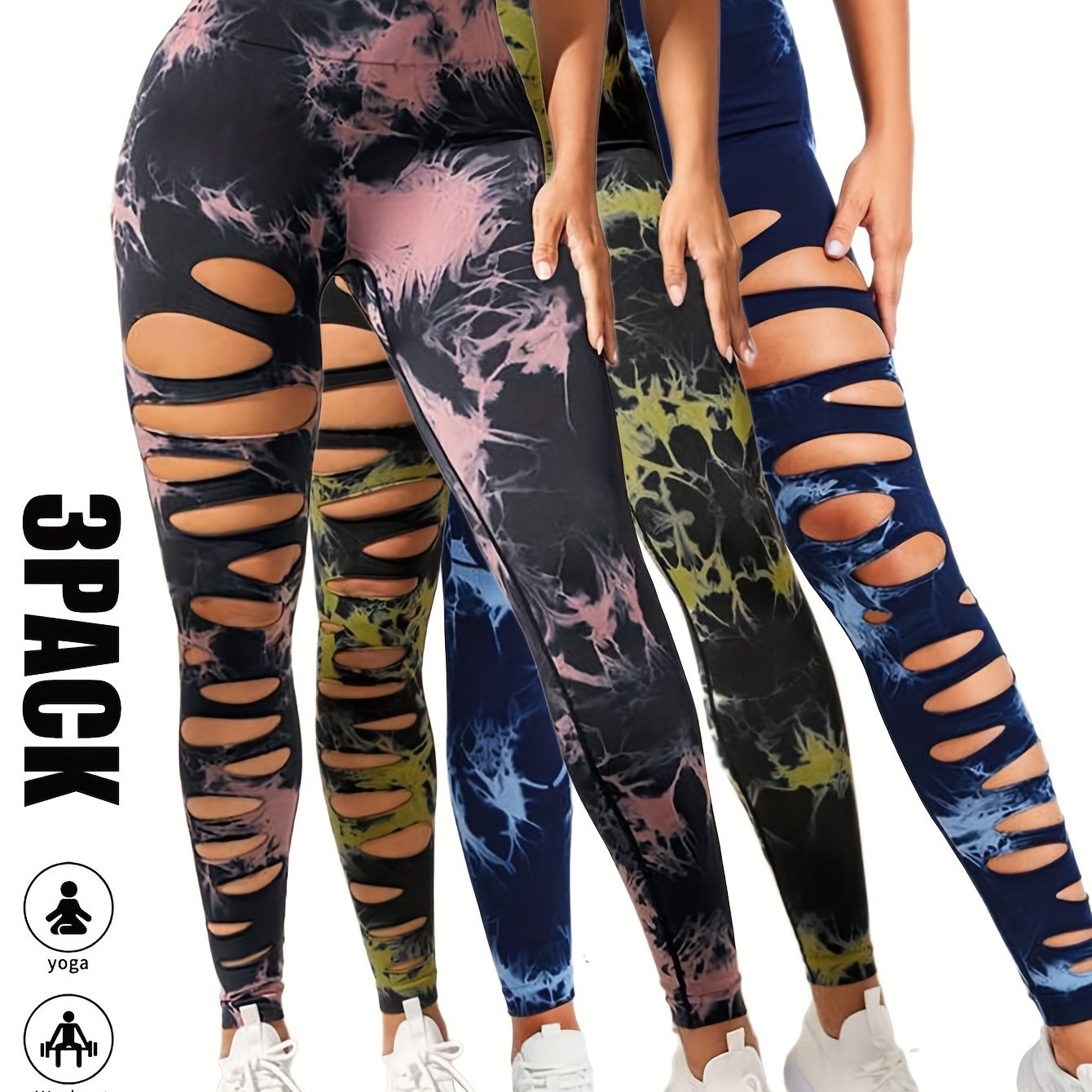 [3 Pack High Waist Yoga Leggings] 3 Pack Women's Tie Dye Cutout Tights High Waist Workout Yoga Leggings, Scrunch Butt Lifting Elastic Pants, Womens High Waist Yoga Pants Cutout Ripped Tummy Control Workout Running Yoga Skinny