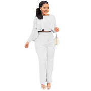 Solid Color Hollow-out Long Sleeve High Waist Wide Leg Pants Two-piece Set