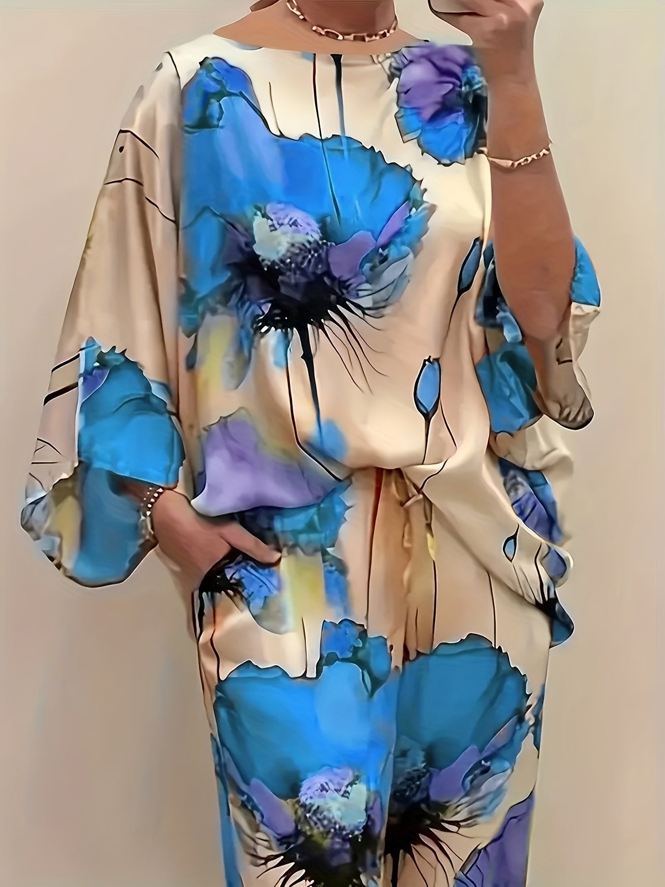 Women's Elegant Floral Print Satin Two-Piece Set: Round Neck Top and Wide Leg Pants