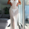 Women's Plain White Knitted Hollow Out Halter Tie Neck Backless Elegant Vacay Style Cover Up Dress Without Bikini
