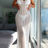 Women's Plain White Knitted Hollow Out Halter Tie Neck Backless Elegant Vacay Style Cover Up Dress Without Bikini