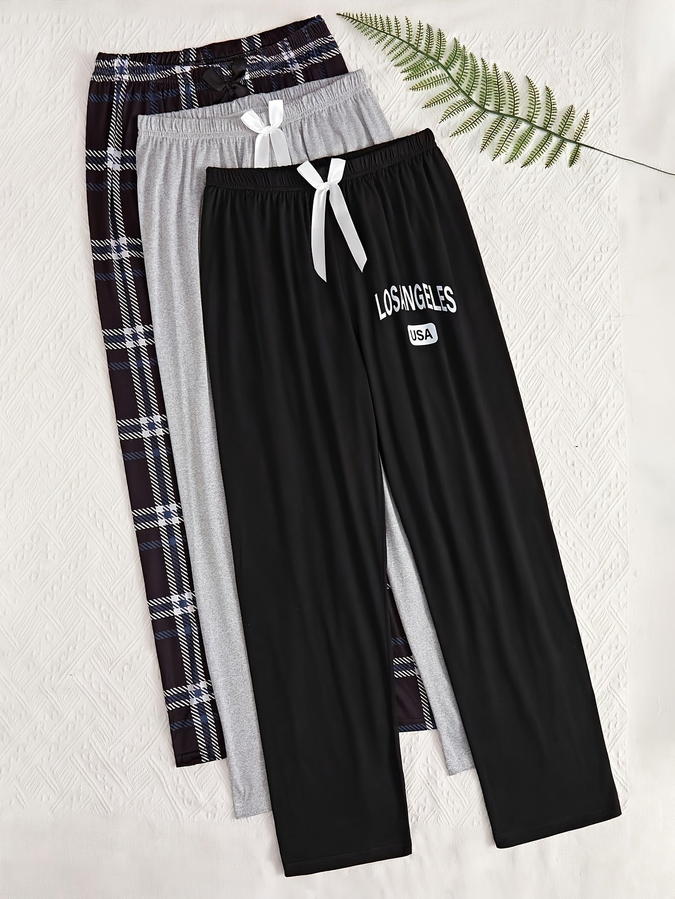 Women's 3pcs Plaid Sleepwear Set - Comfy Polyester & Elastane Blend, Machine Washable, All-Season Lounge Pants