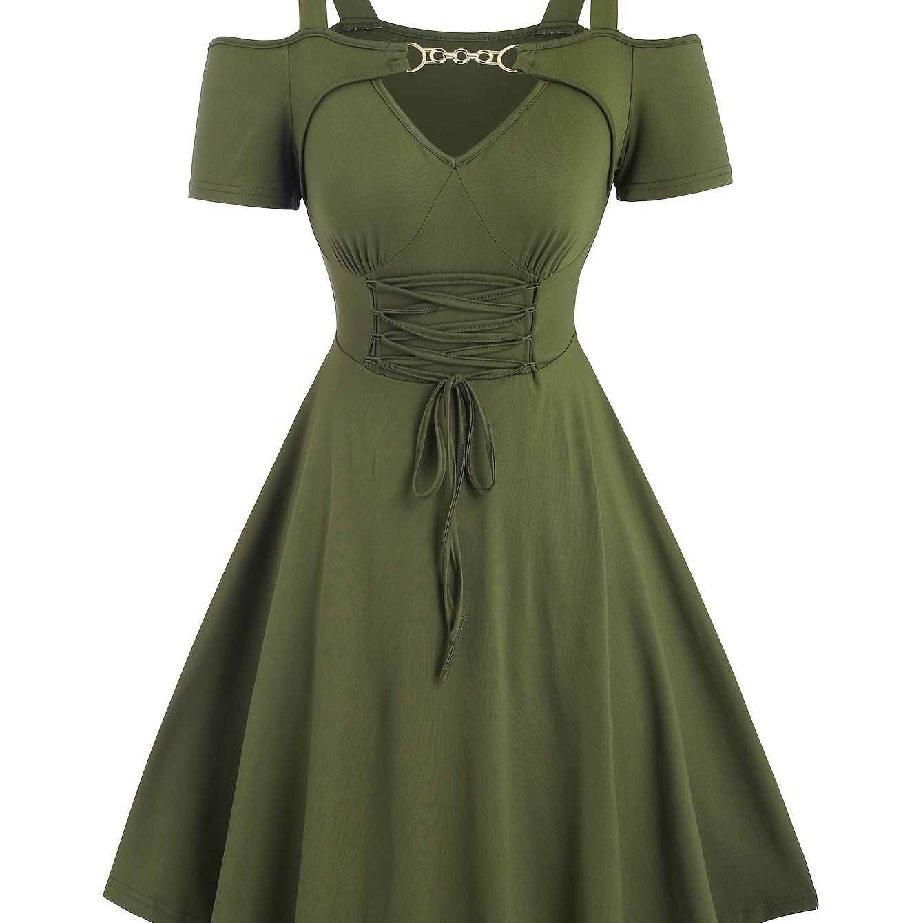 Women's Cold Shoulder Chain Linked Lace Up Dress - Elegant Short Sleeve Swing Dress - For Spring & Summer - Perfect for Casual & Party Occasions - Gift for Women