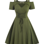 Women's Cold Shoulder Chain Linked Lace Up Dress - Elegant Short Sleeve Swing Dress - For Spring & Summer - Perfect for Casual & Party Occasions - Gift for Women