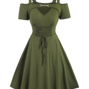 Women's Cold Shoulder Chain Linked Lace Up Dress - Elegant Short Sleeve Swing Dress - For Spring & Summer - Perfect for Casual & Party Occasions - Gift for Women
