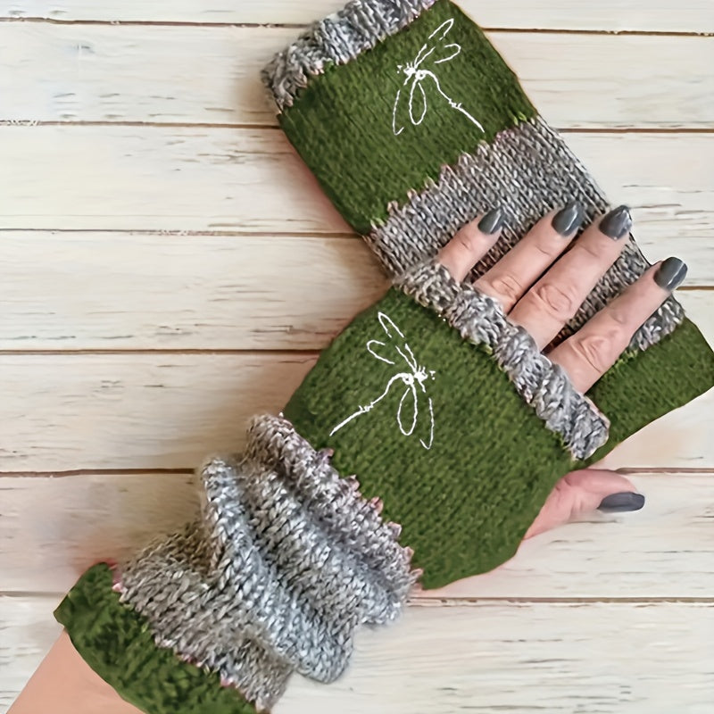 Dragonfly Embroidered Color-Block Mohair Mittens, Elastic, Warm Knitted Gloves for Going Out - Embroidery Craftsmanship