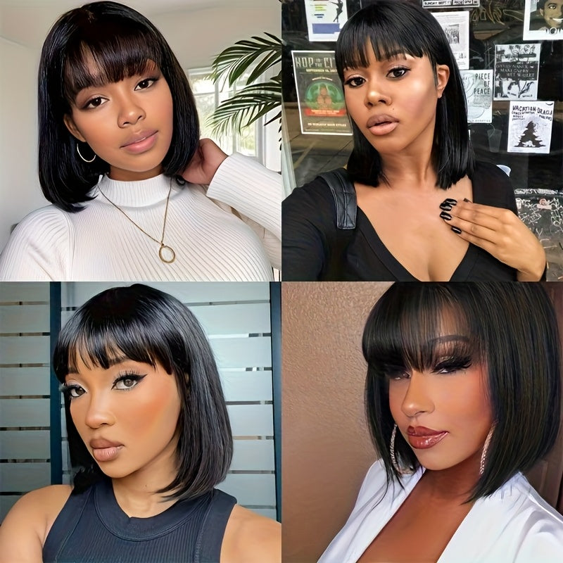 Burgundy Brazilian Virgin Human Hair Wig - 99J Short Straight Bob with Bangs, Glueless Comfort Fit, 180% Density Rose Net Cap, Natural Black Real Human Hair for Women, All Ethnicities, Perfect Gift, Short Hair Wigs, Stylish H