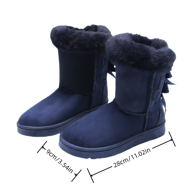 Women'S Mid-Calf Snow Boots with Faux Fur Trim, Round Toe, Non-Slip PVC Sole, Thick Warm Flannel Lined, Solid Color Winter Footwear