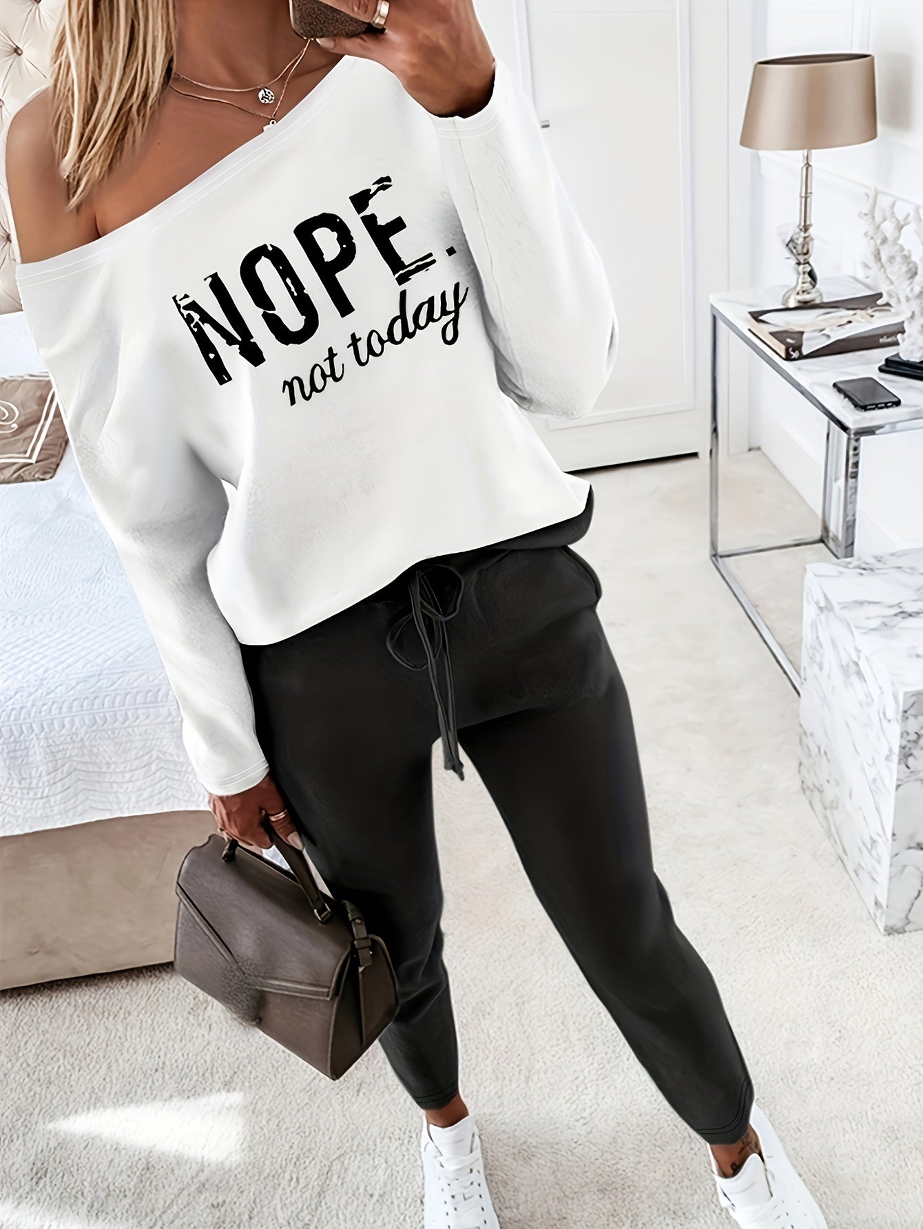 Two-piece Set: Nope Not Today Print Long Sleeve Top & Solid Drawstring Pants Outfits for Women, Casual Spring & Fall Clothing