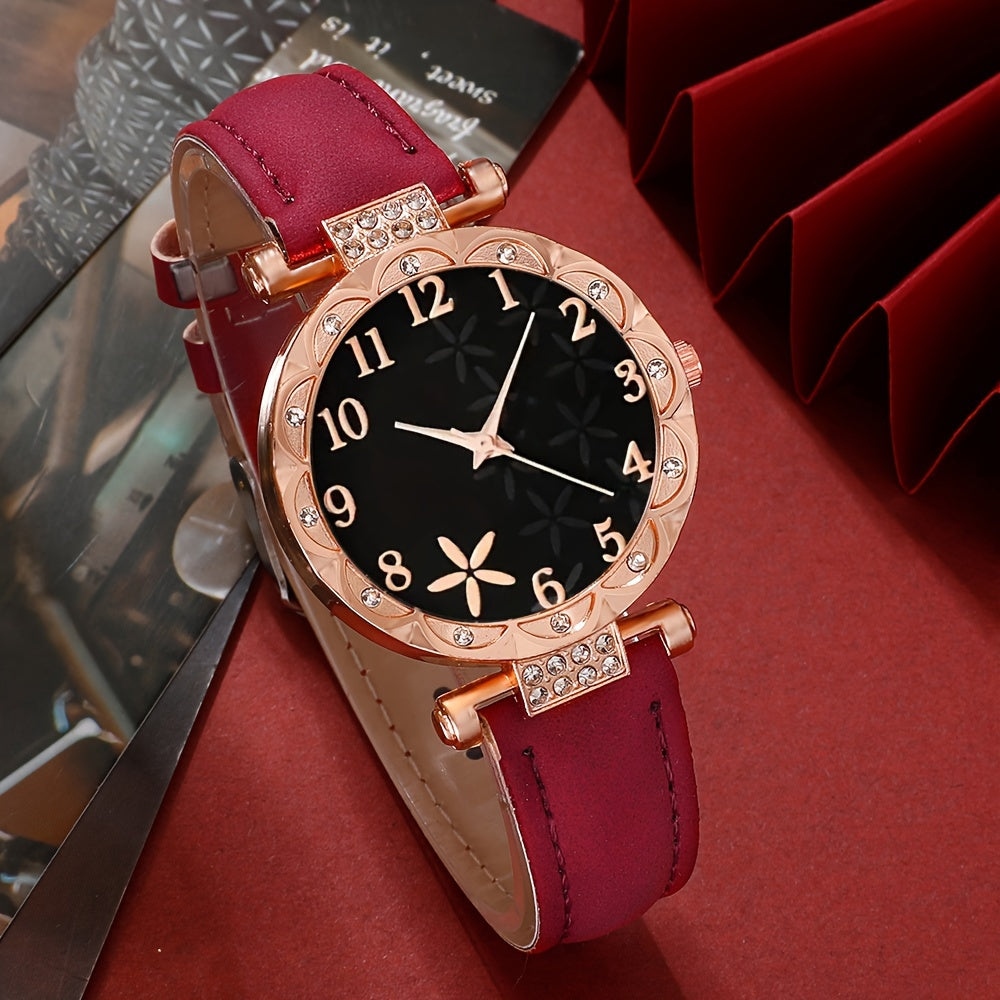 Set of 6 Beautifully Designed Printed Rhinestone Quartz Watches with Digital Dial And Bracelets for Women, Perfect Gift for Her