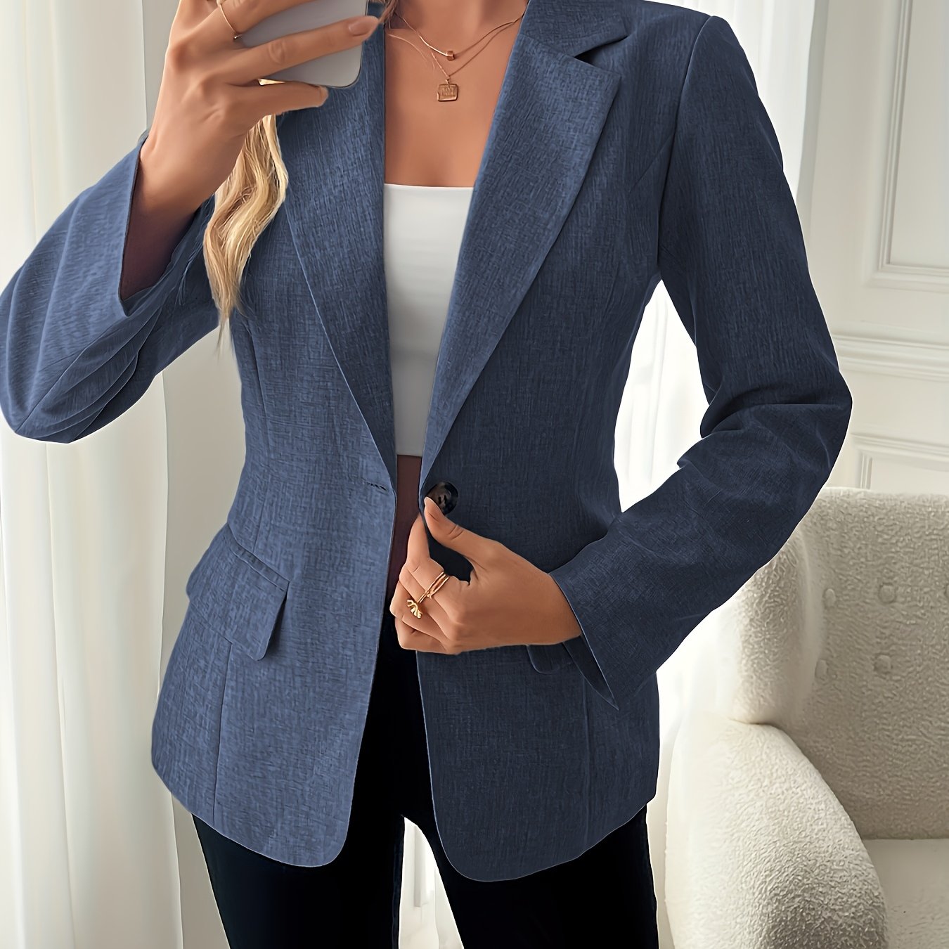 Women'S Elegant Lightweight Polyester Blazer - Casual Chic Spring/Fall Jacket with Button Details, Regular Fit, Long Sleeves, and Minimalist Design