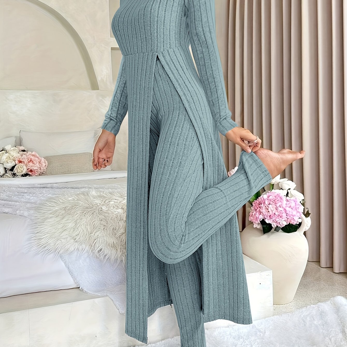 Short Sleeve V Neck Solid Color Ribbed Pants Set, Elastic Waist Slim Outfits with Long Length Top, Casual Women's Clothing
