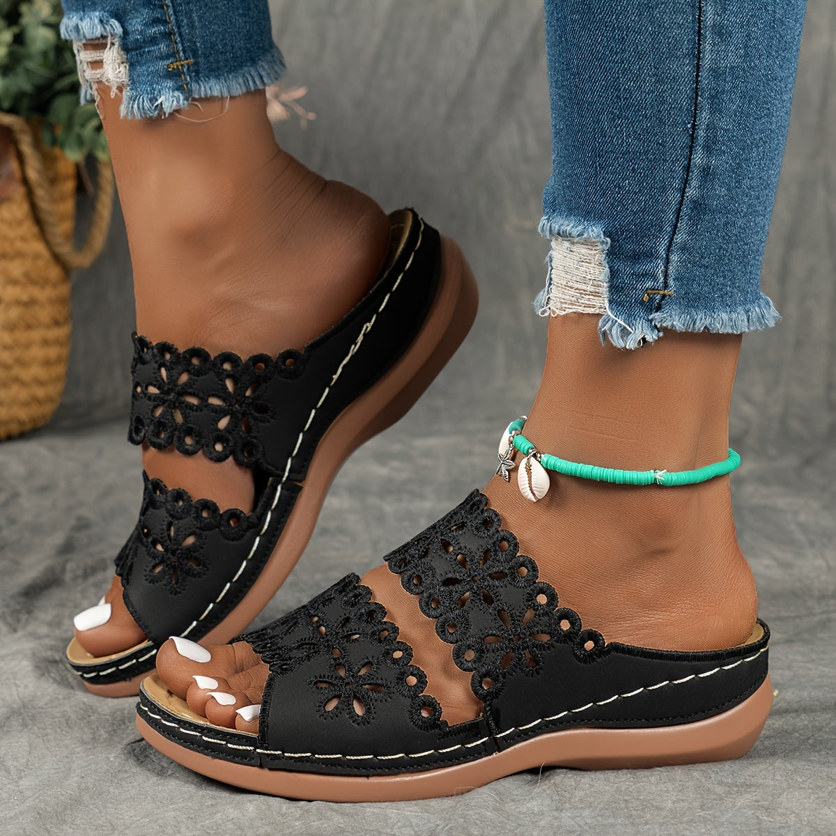 Women's Brown Synthetic Leather Slide Sandals - Open Toe, Floral Cut-Out Design, Soft TPU Sole, Comfortable Summer Footwear for Casual Wear, Stylish Outdoor Wear | Floral Cutout Sandals | Comfortable TPU Sole, Strappy Sandals
