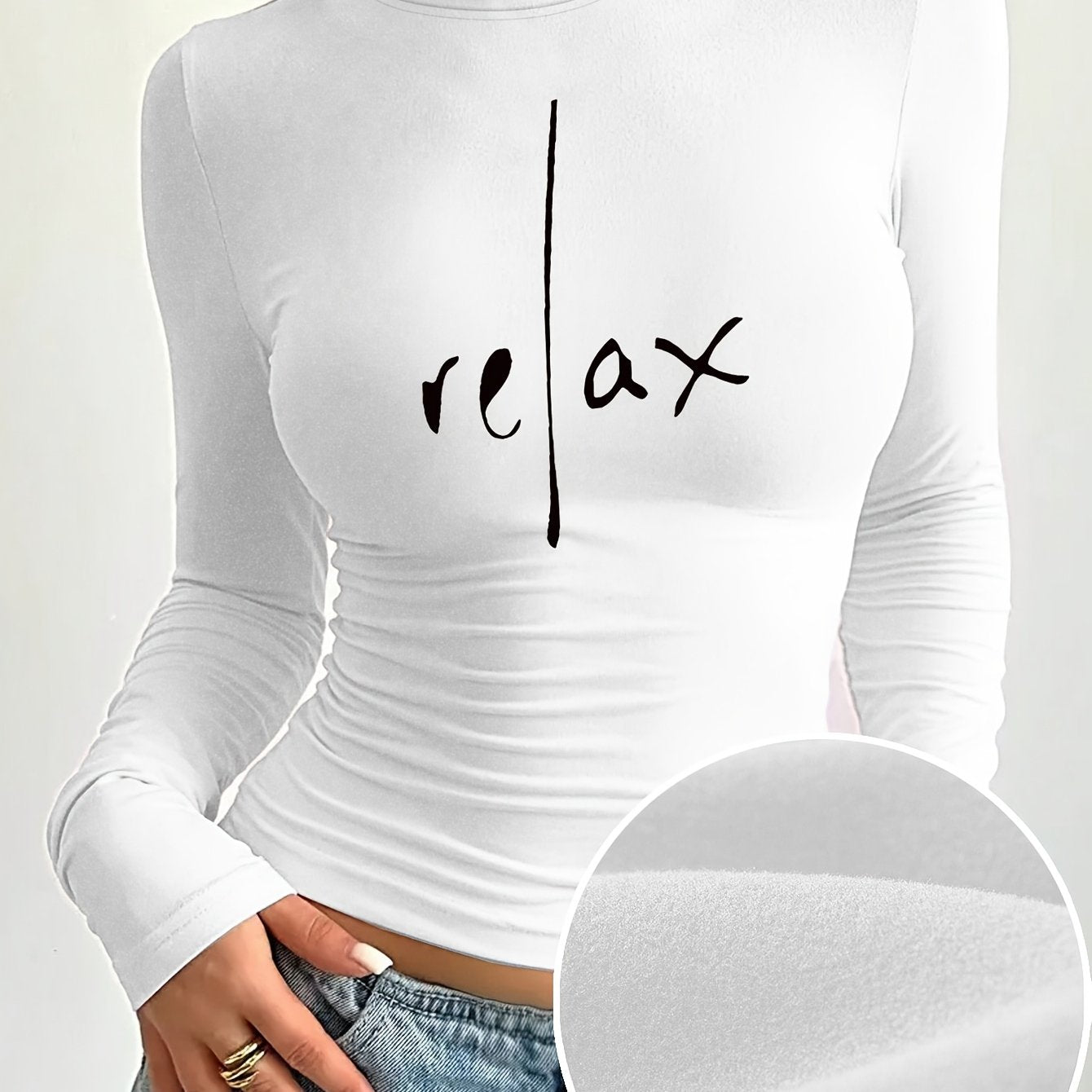 Women'S Elegant Long Sleeve Crew Neck T-Shirt with "Relax" Letter Print, Knit Polyester Blend, Skinny Fit, Short Length, Medium Stretch, Fall/Winter Casual Layer Top