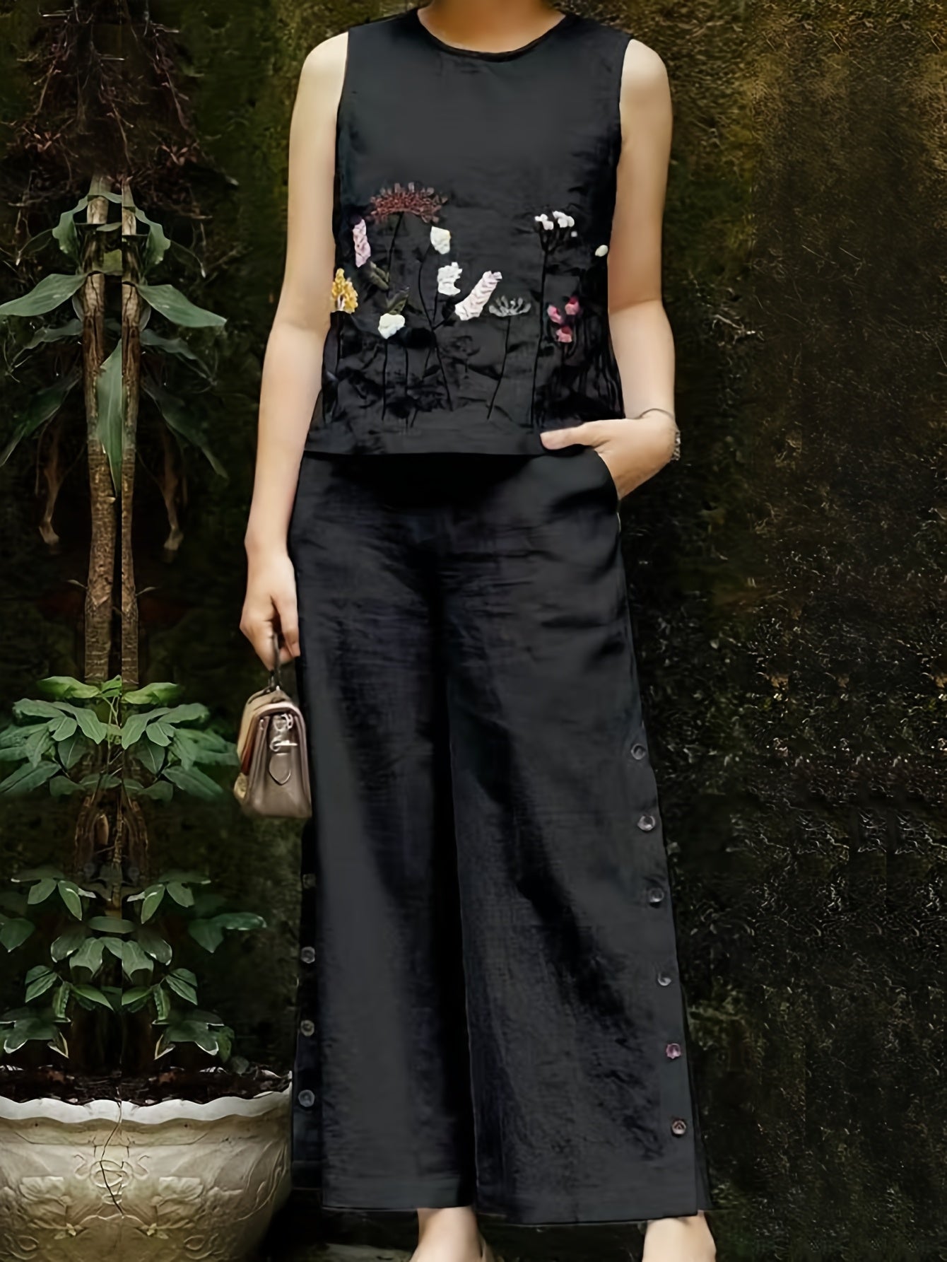 Women'S Elegant Summer Embroidered Jumpsuit - Vibrant Orange, Sleeveless with Floral & Butterfly Design, Wide-Leg Pants, Casual Attire for Spring/Summer, Casual Attire|Butterfly Embroidery|Elegant Jumpsuit