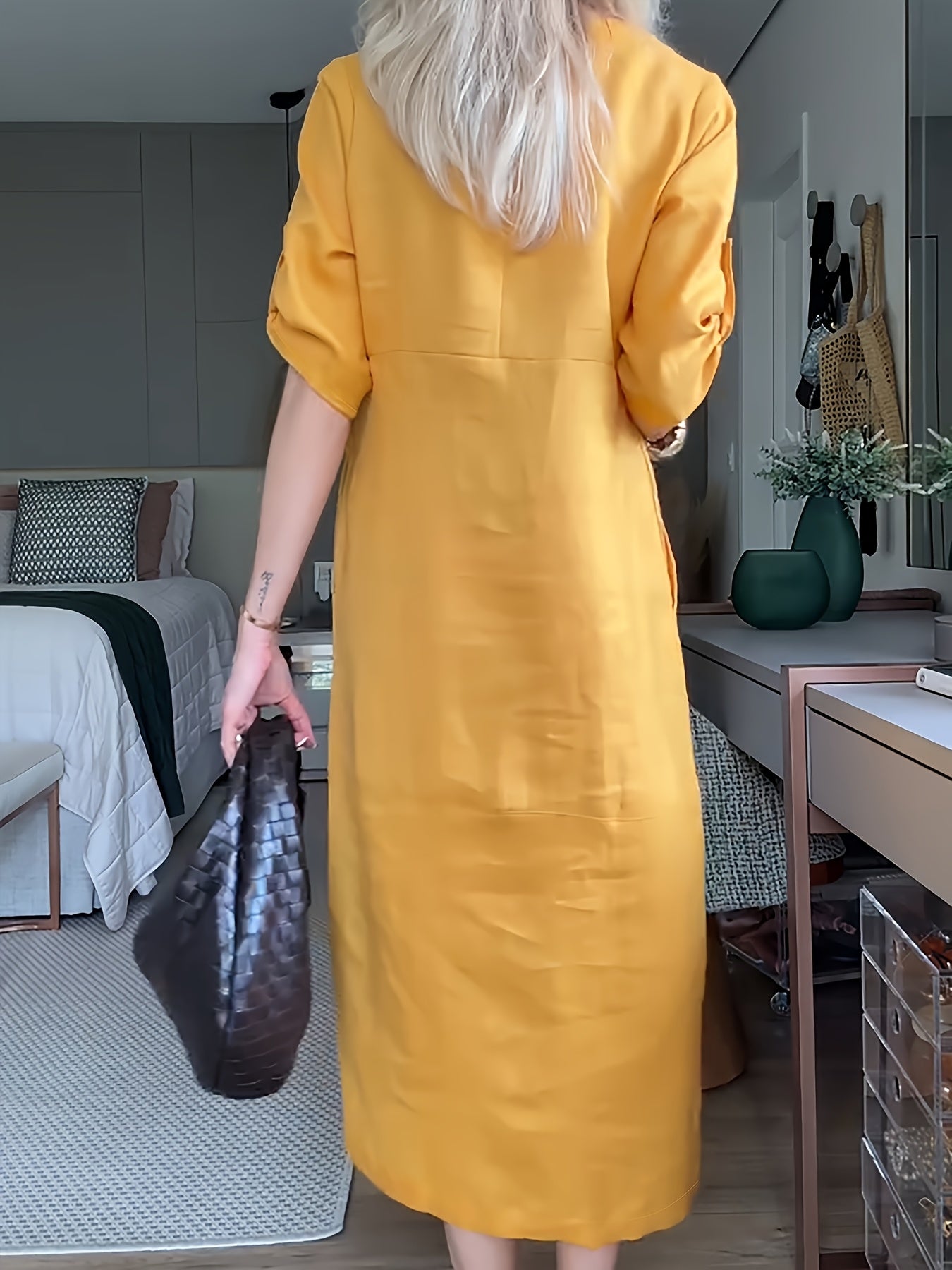 Elegant Mustard Yellow Women's Maxi Dress with Front Button Detail - Cinched Waist, Half Sleeve, Round Neck - Spring/Summer Fashion for Adults