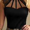 Elegant Red Lace-Trimmed Tank Top for Women - Sexy Cut-Out Design, Stretchy Polyester & Spandex Blend, Round Neck Sleeveless Shirt with Intricate Floral Patterns, Perfect for Spring/Summer/Fall