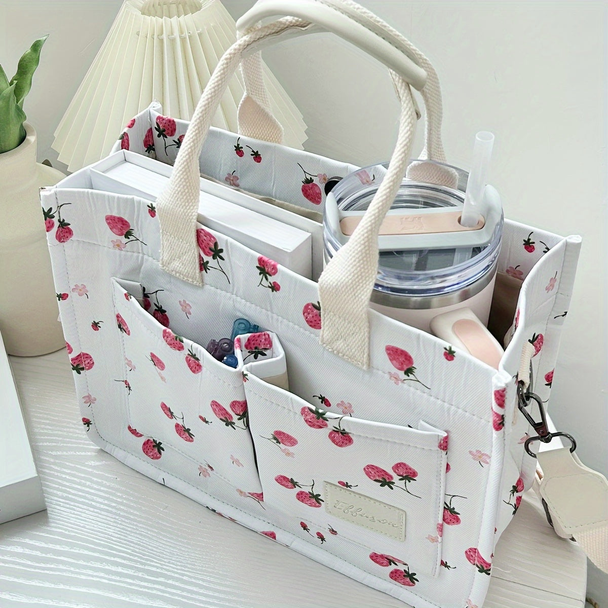Chic Floral Tote Bag for Women - Versatile Shoulder & Crossbody Laptop Handbag with Multiple Pockets, Durable Polyester, Perfect for Work and Travel - Available in White, Cream, Black - For Fashionable Women - Suitable for Of