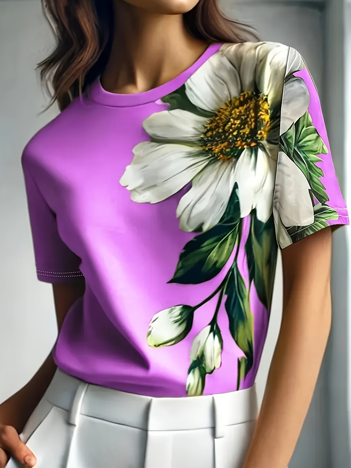 Women's Elegant Floral Print Short Sleeve T-Shirt - Bright Red with White Daisies and Green Leaves, Breathable Spring/Summer Casual Top | Floral Casual Tee | Comfort Fit, Women's T-Shirt