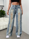 Women's High-Waisted Straight-Leg Distressed Ripped Jeans - 450gsm Heavyweight Denim Pants with Frayed Hem, 73% Blend, Machine Washable, All-Season Casual Wear, Relaxed Fit Pants | Raw Hem Design | Rugged Denim Texture