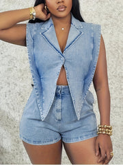 Denim Sleeveless Suit Collar Stretchy Waist Jumpsuit Shorts