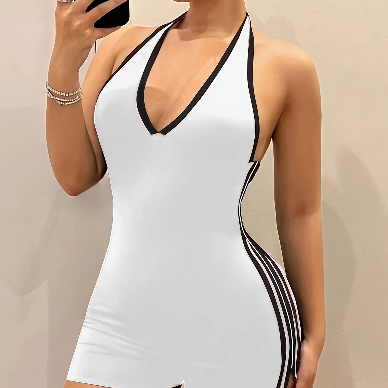 [Minimalist Chic] Sleek Black & White Halter Romper for Women - Sexy Deep V-Neck, Slim Fit, Stretchy Polyester Blend, Perfect for Summer Casual Outings, Summer Casual Wear | Halter Neck Design | No Lining, Clothes for Young L
